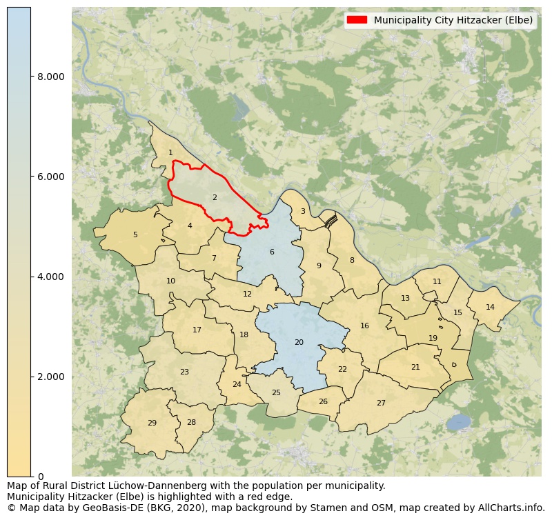 Map of Rural district Lüchow-Dannenberg with the population per municipality.Municipality Hitzacker (Elbe) is highlighted with a red edge.. This page shows a lot of information about residents (such as the distribution by age groups, family composition, gender, native or German with an immigration background, ...), homes (numbers, types, price development, use, type of property, ...) and more (car ownership, energy consumption, ...) based on open data from the German Federal Agency for Cartography, the Federal Statistical Office (DESTATIS), the Regional Statistical Offices and various other sources!