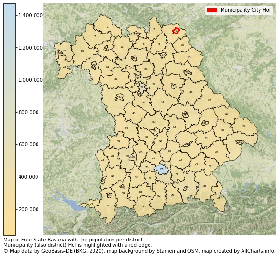 Map of Free state Bavaria with the population per district.Municipality (also district) Hof is highlighted with a red edge.. This page shows a lot of information about residents (such as the distribution by age groups, family composition, gender, native or German with an immigration background, ...), homes (numbers, types, price development, use, type of property, ...) and more (car ownership, energy consumption, ...) based on open data from the German Federal Agency for Cartography, the Federal Statistical Office (DESTATIS), the Regional Statistical Offices and various other sources!