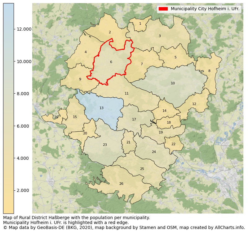 Map of Rural district Haßberge with the population per municipality.Municipality Hofheim i. UFr. is highlighted with a red edge.. This page shows a lot of information about residents (such as the distribution by age groups, family composition, gender, native or German with an immigration background, ...), homes (numbers, types, price development, use, type of property, ...) and more (car ownership, energy consumption, ...) based on open data from the German Federal Agency for Cartography, the Federal Statistical Office (DESTATIS), the Regional Statistical Offices and various other sources!