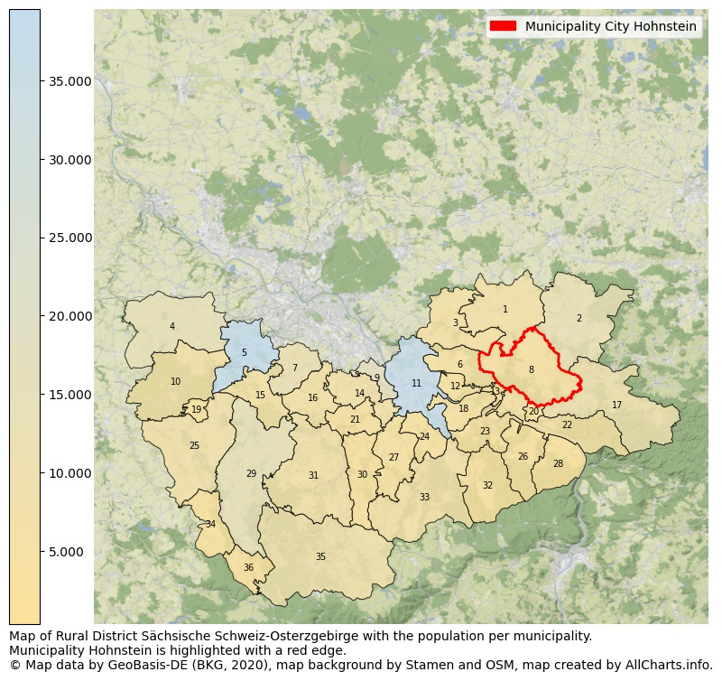 Map of Rural district Sächsische Schweiz-Osterzgebirge with the population per municipality.Municipality Hohnstein is highlighted with a red edge.. This page shows a lot of information about residents (such as the distribution by age groups, family composition, gender, native or German with an immigration background, ...), homes (numbers, types, price development, use, type of property, ...) and more (car ownership, energy consumption, ...) based on open data from the German Federal Agency for Cartography, the Federal Statistical Office (DESTATIS), the Regional Statistical Offices and various other sources!