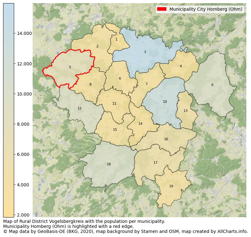 Map of Rural district Vogelsbergkreis with the population per municipality.Municipality Homberg (Ohm) is highlighted with a red edge.. This page shows a lot of information about residents (such as the distribution by age groups, family composition, gender, native or German with an immigration background, ...), homes (numbers, types, price development, use, type of property, ...) and more (car ownership, energy consumption, ...) based on open data from the German Federal Agency for Cartography, the Federal Statistical Office (DESTATIS), the Regional Statistical Offices and various other sources!