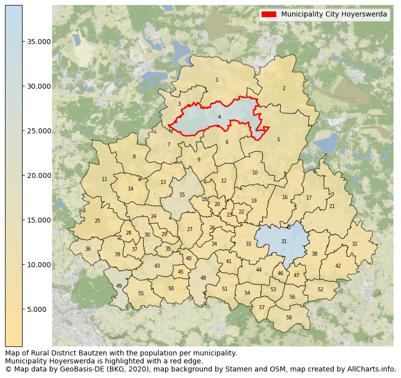 Map of Rural district Bautzen with the population per municipality.Municipality Hoyerswerda is highlighted with a red edge.. This page shows a lot of information about residents (such as the distribution by age groups, family composition, gender, native or German with an immigration background, ...), homes (numbers, types, price development, use, type of property, ...) and more (car ownership, energy consumption, ...) based on open data from the German Federal Agency for Cartography, the Federal Statistical Office (DESTATIS), the Regional Statistical Offices and various other sources!