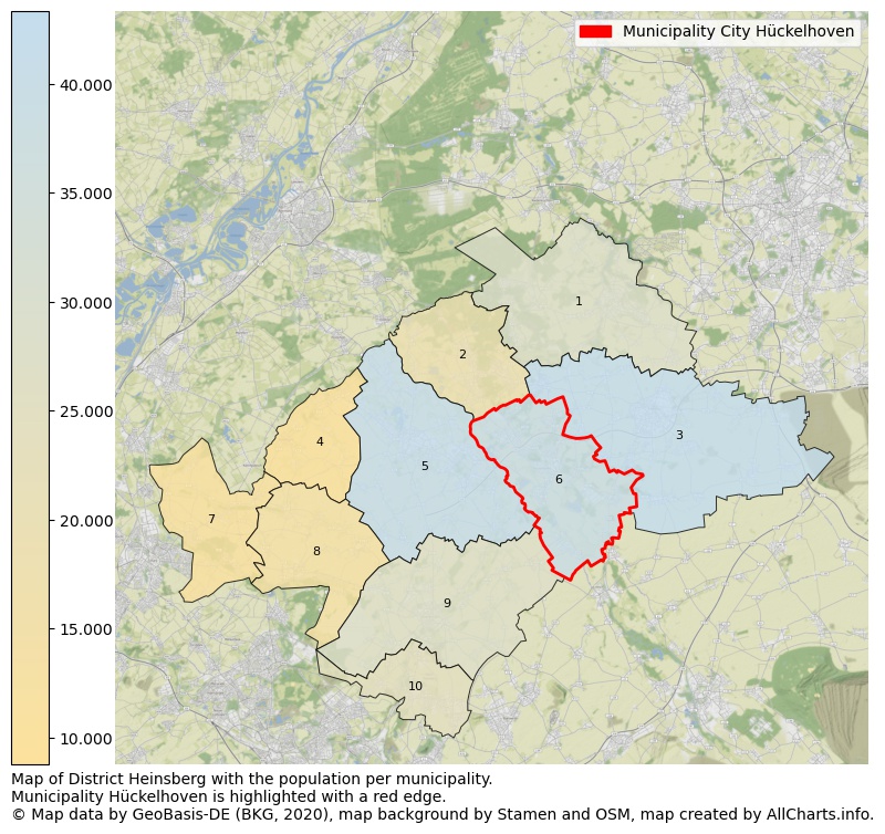 Map of District Heinsberg with the population per municipality.Municipality Hückelhoven is highlighted with a red edge.. This page shows a lot of information about residents (such as the distribution by age groups, family composition, gender, native or German with an immigration background, ...), homes (numbers, types, price development, use, type of property, ...) and more (car ownership, energy consumption, ...) based on open data from the German Federal Agency for Cartography, the Federal Statistical Office (DESTATIS), the Regional Statistical Offices and various other sources!