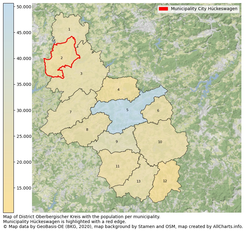 Map of District Oberbergischer Kreis with the population per municipality.Municipality Hückeswagen is highlighted with a red edge.. This page shows a lot of information about residents (such as the distribution by age groups, family composition, gender, native or German with an immigration background, ...), homes (numbers, types, price development, use, type of property, ...) and more (car ownership, energy consumption, ...) based on open data from the German Federal Agency for Cartography, the Federal Statistical Office (DESTATIS), the Regional Statistical Offices and various other sources!