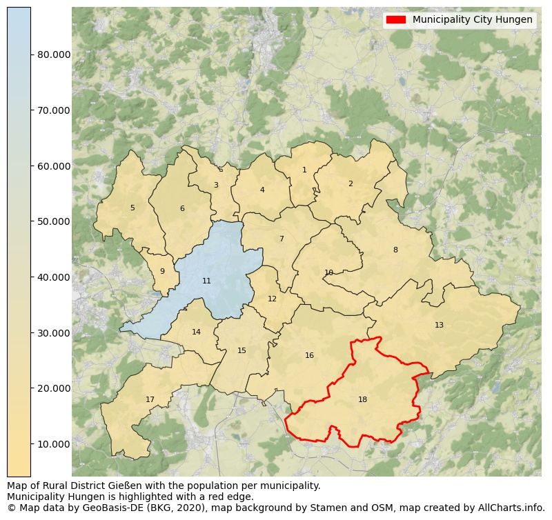 Map of Rural district Gießen with the population per municipality.Municipality Hungen is highlighted with a red edge.. This page shows a lot of information about residents (such as the distribution by age groups, family composition, gender, native or German with an immigration background, ...), homes (numbers, types, price development, use, type of property, ...) and more (car ownership, energy consumption, ...) based on open data from the German Federal Agency for Cartography, the Federal Statistical Office (DESTATIS), the Regional Statistical Offices and various other sources!