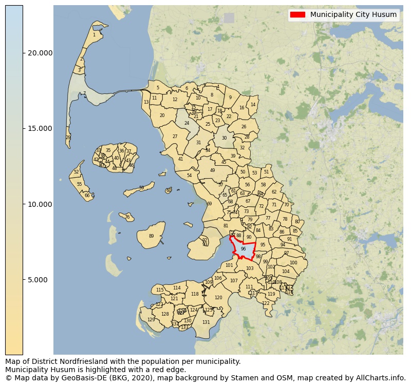 Map of District Nordfriesland with the population per municipality.Municipality Husum is highlighted with a red edge.. This page shows a lot of information about residents (such as the distribution by age groups, family composition, gender, native or German with an immigration background, ...), homes (numbers, types, price development, use, type of property, ...) and more (car ownership, energy consumption, ...) based on open data from the German Federal Agency for Cartography, the Federal Statistical Office (DESTATIS), the Regional Statistical Offices and various other sources!