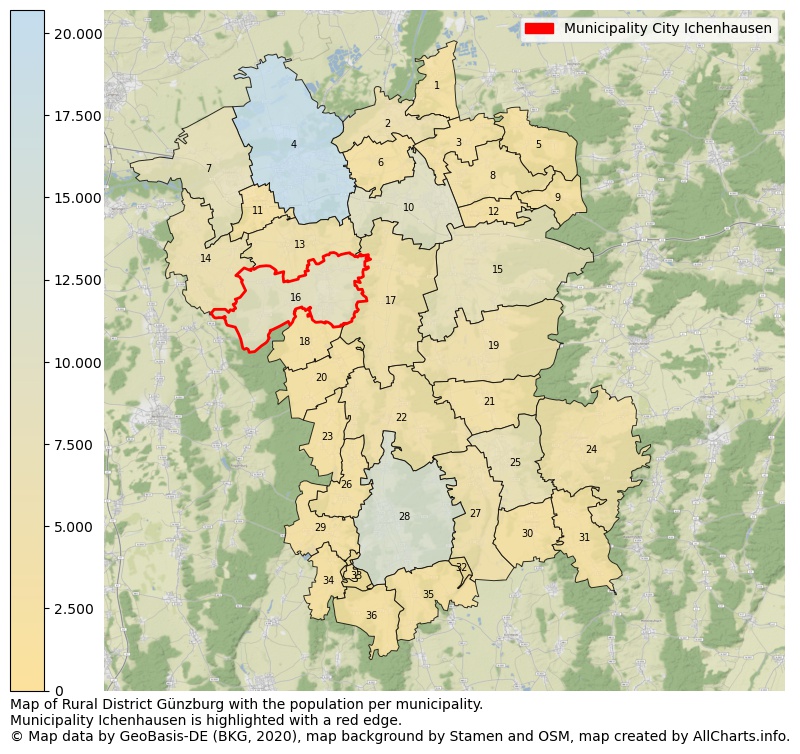 Map of Rural district Günzburg with the population per municipality.Municipality Ichenhausen is highlighted with a red edge.. This page shows a lot of information about residents (such as the distribution by age groups, family composition, gender, native or German with an immigration background, ...), homes (numbers, types, price development, use, type of property, ...) and more (car ownership, energy consumption, ...) based on open data from the German Federal Agency for Cartography, the Federal Statistical Office (DESTATIS), the Regional Statistical Offices and various other sources!