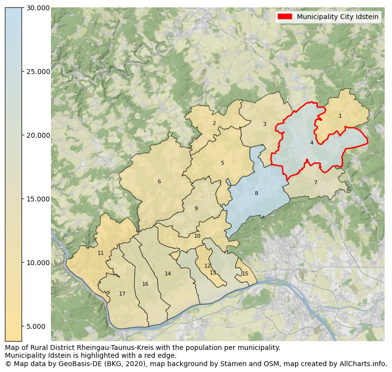 Map of Rural district Rheingau-Taunus-Kreis with the population per municipality.Municipality Idstein is highlighted with a red edge.. This page shows a lot of information about residents (such as the distribution by age groups, family composition, gender, native or German with an immigration background, ...), homes (numbers, types, price development, use, type of property, ...) and more (car ownership, energy consumption, ...) based on open data from the German Federal Agency for Cartography, the Federal Statistical Office (DESTATIS), the Regional Statistical Offices and various other sources!