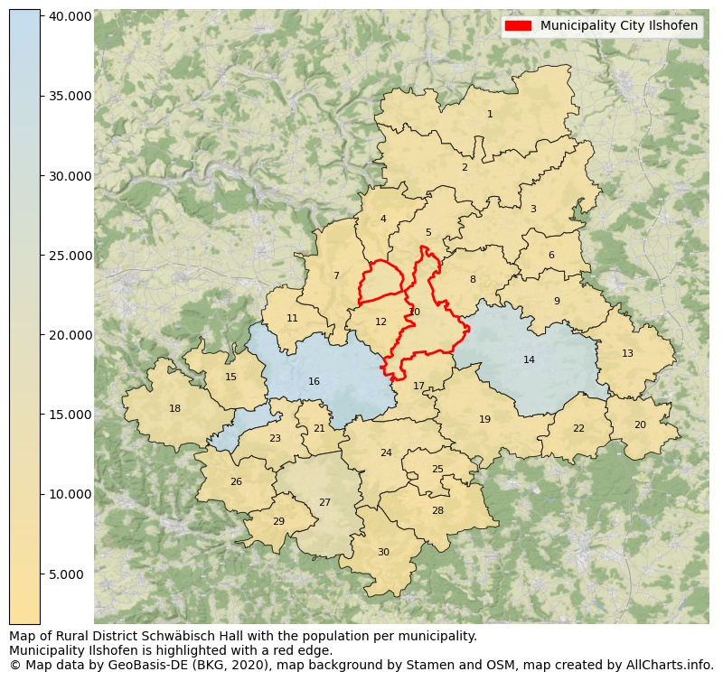Map of Rural district Schwäbisch Hall with the population per municipality.Municipality Ilshofen is highlighted with a red edge.. This page shows a lot of information about residents (such as the distribution by age groups, family composition, gender, native or German with an immigration background, ...), homes (numbers, types, price development, use, type of property, ...) and more (car ownership, energy consumption, ...) based on open data from the German Federal Agency for Cartography, the Federal Statistical Office (DESTATIS), the Regional Statistical Offices and various other sources!
