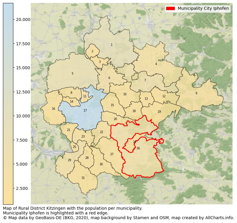 Map of Rural district Kitzingen with the population per municipality.Municipality Iphofen is highlighted with a red edge.. This page shows a lot of information about residents (such as the distribution by age groups, family composition, gender, native or German with an immigration background, ...), homes (numbers, types, price development, use, type of property, ...) and more (car ownership, energy consumption, ...) based on open data from the German Federal Agency for Cartography, the Federal Statistical Office (DESTATIS), the Regional Statistical Offices and various other sources!