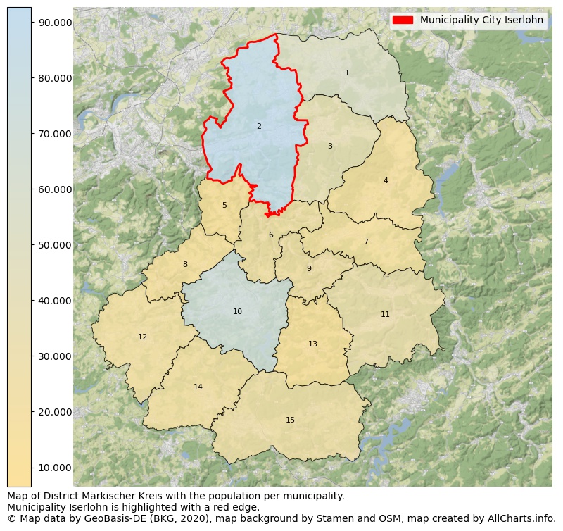 Map of District Märkischer Kreis with the population per municipality.Municipality Iserlohn is highlighted with a red edge.. This page shows a lot of information about residents (such as the distribution by age groups, family composition, gender, native or German with an immigration background, ...), homes (numbers, types, price development, use, type of property, ...) and more (car ownership, energy consumption, ...) based on open data from the German Federal Agency for Cartography, the Federal Statistical Office (DESTATIS), the Regional Statistical Offices and various other sources!