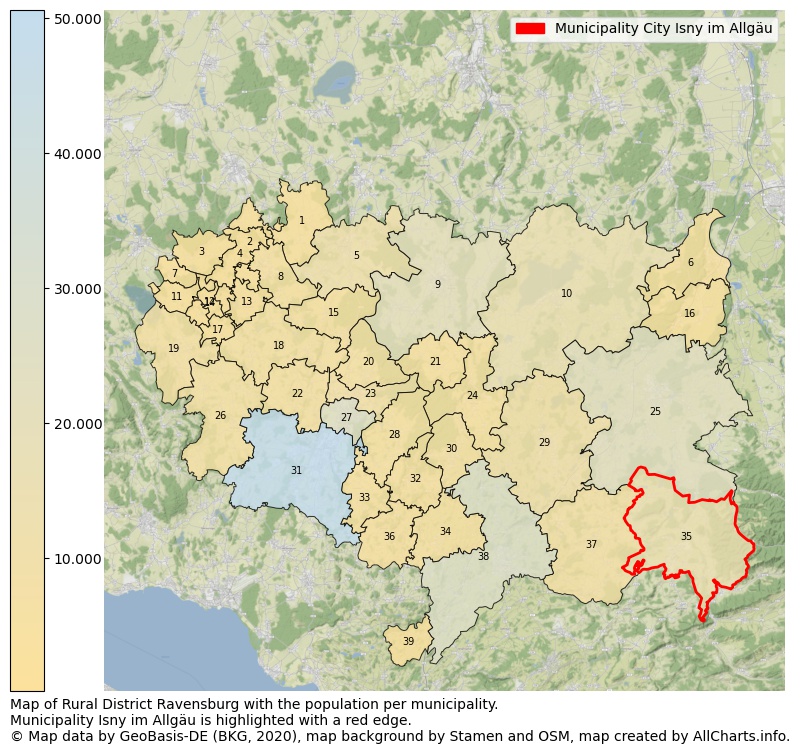 Map of Rural district Ravensburg with the population per municipality.Municipality Isny im Allgäu is highlighted with a red edge.. This page shows a lot of information about residents (such as the distribution by age groups, family composition, gender, native or German with an immigration background, ...), homes (numbers, types, price development, use, type of property, ...) and more (car ownership, energy consumption, ...) based on open data from the German Federal Agency for Cartography, the Federal Statistical Office (DESTATIS), the Regional Statistical Offices and various other sources!