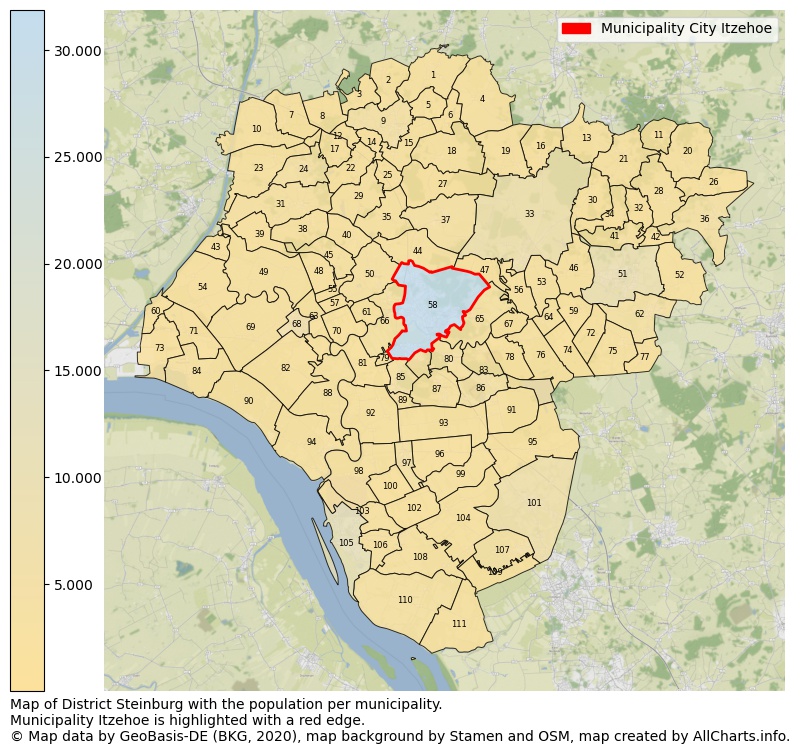 Map of District Steinburg with the population per municipality.Municipality Itzehoe is highlighted with a red edge.. This page shows a lot of information about residents (such as the distribution by age groups, family composition, gender, native or German with an immigration background, ...), homes (numbers, types, price development, use, type of property, ...) and more (car ownership, energy consumption, ...) based on open data from the German Federal Agency for Cartography, the Federal Statistical Office (DESTATIS), the Regional Statistical Offices and various other sources!
