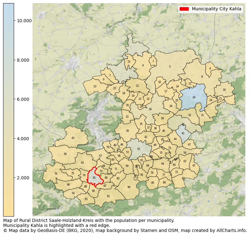 Map of Rural district Saale-Holzland-Kreis with the population per municipality.Municipality Kahla is highlighted with a red edge.. This page shows a lot of information about residents (such as the distribution by age groups, family composition, gender, native or German with an immigration background, ...), homes (numbers, types, price development, use, type of property, ...) and more (car ownership, energy consumption, ...) based on open data from the German Federal Agency for Cartography, the Federal Statistical Office (DESTATIS), the Regional Statistical Offices and various other sources!