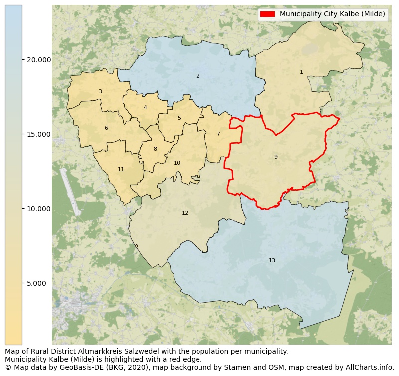 Map of Rural district Altmarkkreis Salzwedel with the population per municipality.Municipality Kalbe (Milde) is highlighted with a red edge.. This page shows a lot of information about residents (such as the distribution by age groups, family composition, gender, native or German with an immigration background, ...), homes (numbers, types, price development, use, type of property, ...) and more (car ownership, energy consumption, ...) based on open data from the German Federal Agency for Cartography, the Federal Statistical Office (DESTATIS), the Regional Statistical Offices and various other sources!