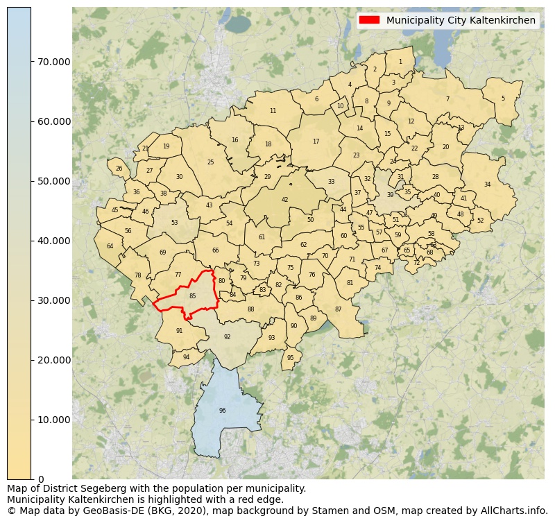 Map of District Segeberg with the population per municipality.Municipality Kaltenkirchen is highlighted with a red edge.. This page shows a lot of information about residents (such as the distribution by age groups, family composition, gender, native or German with an immigration background, ...), homes (numbers, types, price development, use, type of property, ...) and more (car ownership, energy consumption, ...) based on open data from the German Federal Agency for Cartography, the Federal Statistical Office (DESTATIS), the Regional Statistical Offices and various other sources!