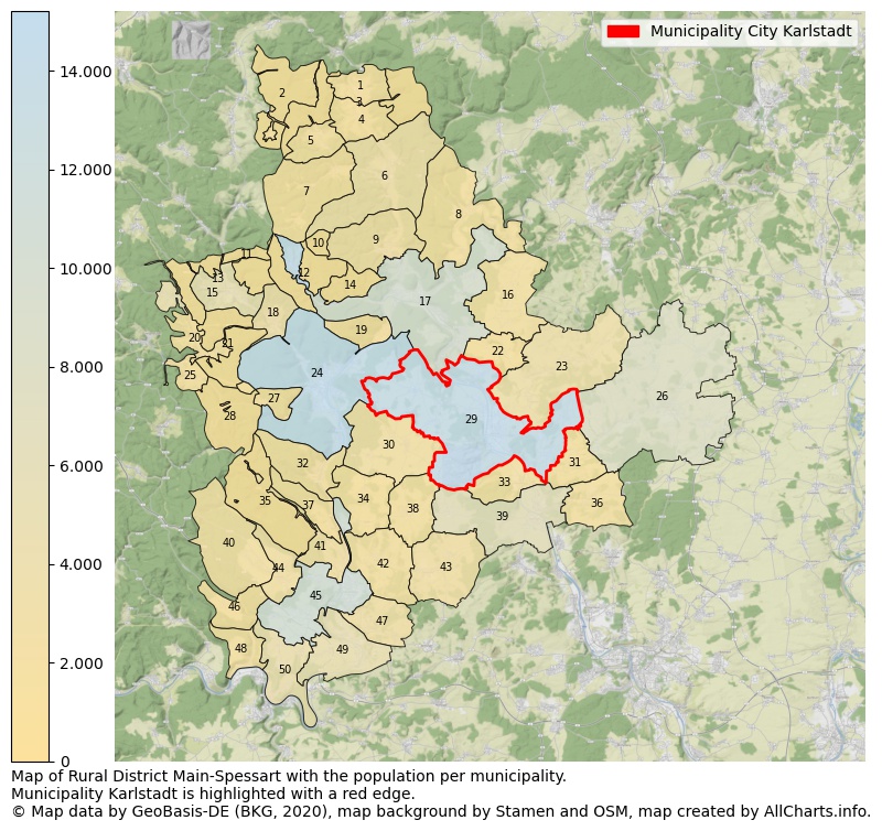 Map of Rural district Main-Spessart with the population per municipality.Municipality Karlstadt is highlighted with a red edge.. This page shows a lot of information about residents (such as the distribution by age groups, family composition, gender, native or German with an immigration background, ...), homes (numbers, types, price development, use, type of property, ...) and more (car ownership, energy consumption, ...) based on open data from the German Federal Agency for Cartography, the Federal Statistical Office (DESTATIS), the Regional Statistical Offices and various other sources!