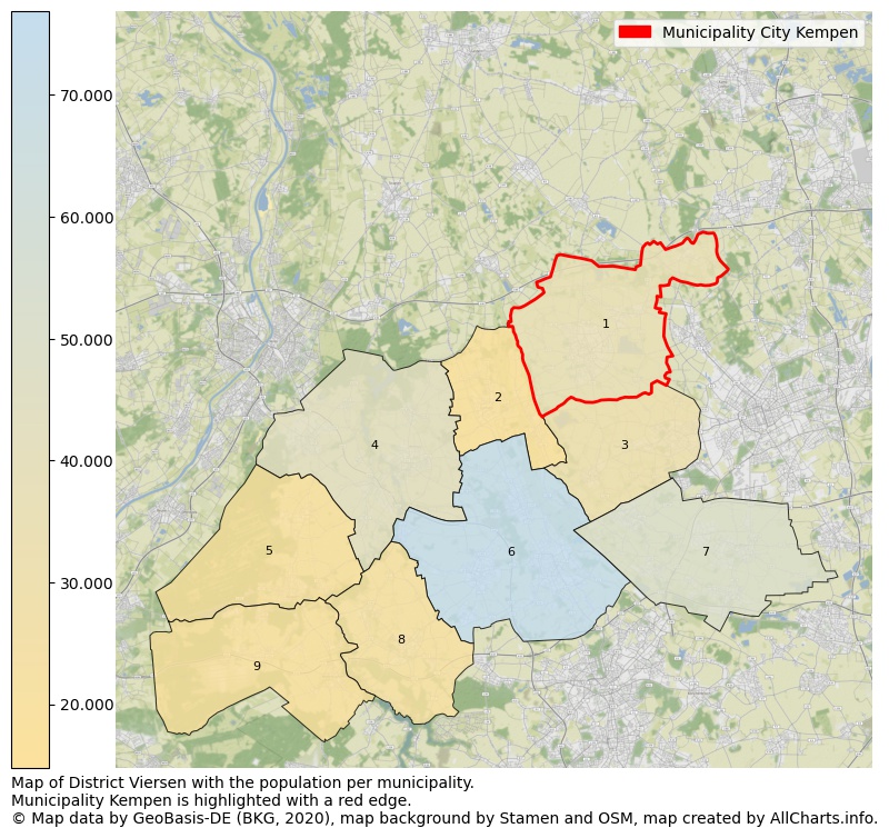 Map of District Viersen with the population per municipality.Municipality Kempen is highlighted with a red edge.. This page shows a lot of information about residents (such as the distribution by age groups, family composition, gender, native or German with an immigration background, ...), homes (numbers, types, price development, use, type of property, ...) and more (car ownership, energy consumption, ...) based on open data from the German Federal Agency for Cartography, the Federal Statistical Office (DESTATIS), the Regional Statistical Offices and various other sources!