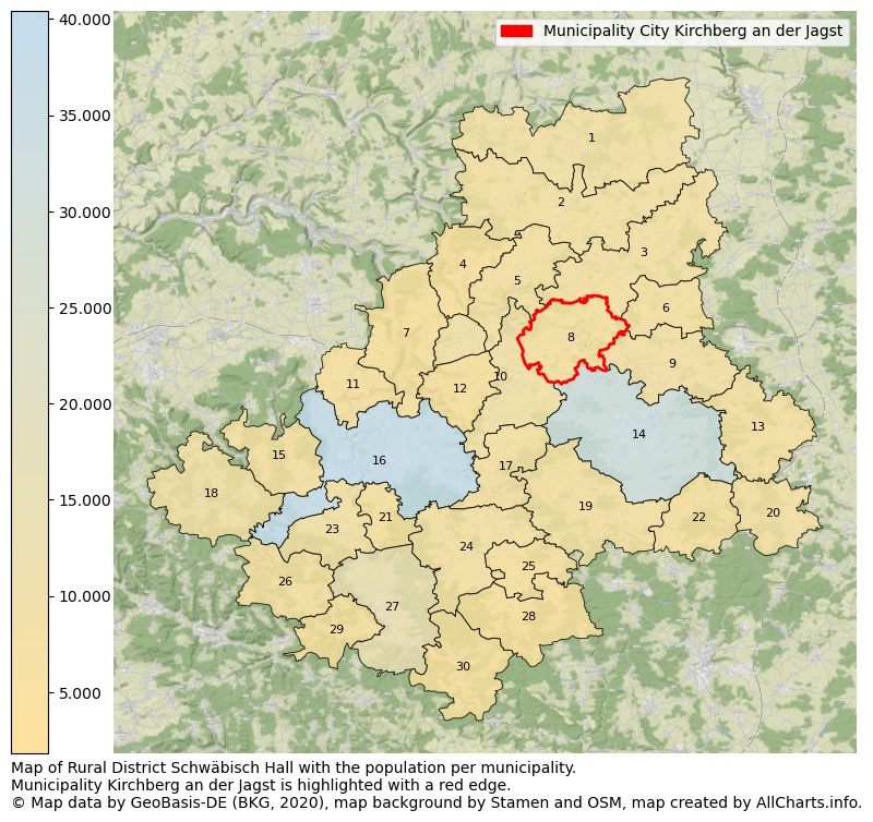 Map of Rural district Schwäbisch Hall with the population per municipality.Municipality Kirchberg an der Jagst is highlighted with a red edge.. This page shows a lot of information about residents (such as the distribution by age groups, family composition, gender, native or German with an immigration background, ...), homes (numbers, types, price development, use, type of property, ...) and more (car ownership, energy consumption, ...) based on open data from the German Federal Agency for Cartography, the Federal Statistical Office (DESTATIS), the Regional Statistical Offices and various other sources!