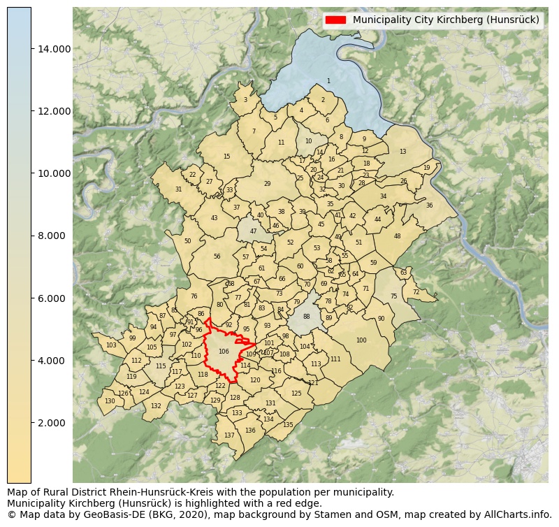 Map of Rural district Rhein-Hunsrück-Kreis with the population per municipality.Municipality Kirchberg (Hunsrück) is highlighted with a red edge.. This page shows a lot of information about residents (such as the distribution by age groups, family composition, gender, native or German with an immigration background, ...), homes (numbers, types, price development, use, type of property, ...) and more (car ownership, energy consumption, ...) based on open data from the German Federal Agency for Cartography, the Federal Statistical Office (DESTATIS), the Regional Statistical Offices and various other sources!