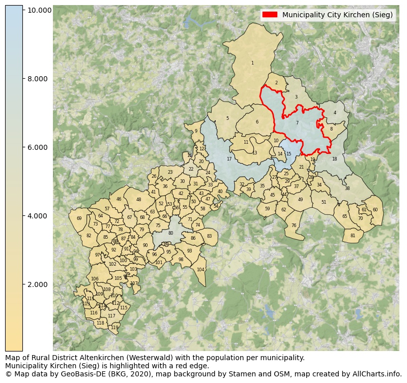 Map of Rural district Altenkirchen (Westerwald) with the population per municipality.Municipality Kirchen (Sieg) is highlighted with a red edge.. This page shows a lot of information about residents (such as the distribution by age groups, family composition, gender, native or German with an immigration background, ...), homes (numbers, types, price development, use, type of property, ...) and more (car ownership, energy consumption, ...) based on open data from the German Federal Agency for Cartography, the Federal Statistical Office (DESTATIS), the Regional Statistical Offices and various other sources!