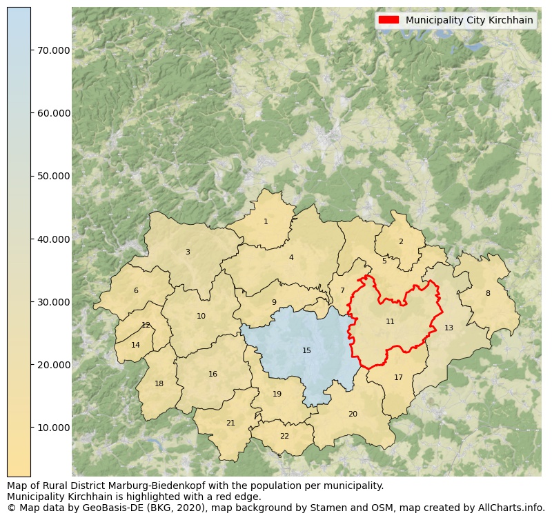 Map of Rural district Marburg-Biedenkopf with the population per municipality.Municipality Kirchhain is highlighted with a red edge.. This page shows a lot of information about residents (such as the distribution by age groups, family composition, gender, native or German with an immigration background, ...), homes (numbers, types, price development, use, type of property, ...) and more (car ownership, energy consumption, ...) based on open data from the German Federal Agency for Cartography, the Federal Statistical Office (DESTATIS), the Regional Statistical Offices and various other sources!