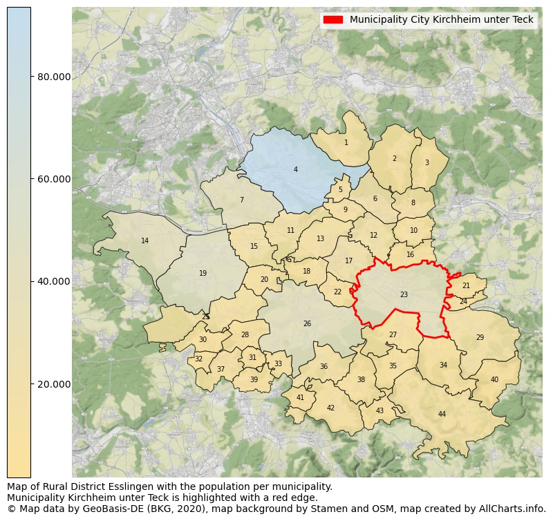 Map of Rural district Esslingen with the population per municipality.Municipality Kirchheim unter Teck is highlighted with a red edge.. This page shows a lot of information about residents (such as the distribution by age groups, family composition, gender, native or German with an immigration background, ...), homes (numbers, types, price development, use, type of property, ...) and more (car ownership, energy consumption, ...) based on open data from the German Federal Agency for Cartography, the Federal Statistical Office (DESTATIS), the Regional Statistical Offices and various other sources!