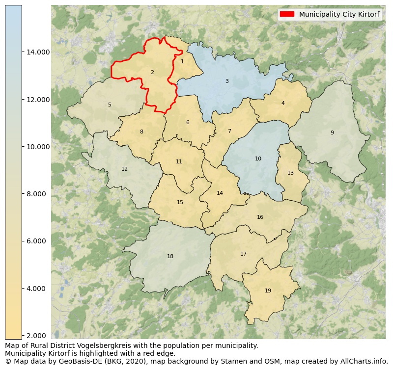 Map of Rural district Vogelsbergkreis with the population per municipality.Municipality Kirtorf is highlighted with a red edge.. This page shows a lot of information about residents (such as the distribution by age groups, family composition, gender, native or German with an immigration background, ...), homes (numbers, types, price development, use, type of property, ...) and more (car ownership, energy consumption, ...) based on open data from the German Federal Agency for Cartography, the Federal Statistical Office (DESTATIS), the Regional Statistical Offices and various other sources!