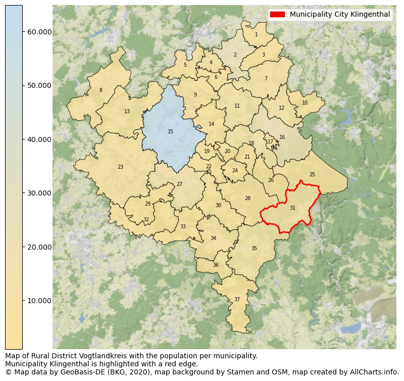 Map of Rural district Vogtlandkreis with the population per municipality.Municipality Klingenthal is highlighted with a red edge.. This page shows a lot of information about residents (such as the distribution by age groups, family composition, gender, native or German with an immigration background, ...), homes (numbers, types, price development, use, type of property, ...) and more (car ownership, energy consumption, ...) based on open data from the German Federal Agency for Cartography, the Federal Statistical Office (DESTATIS), the Regional Statistical Offices and various other sources!