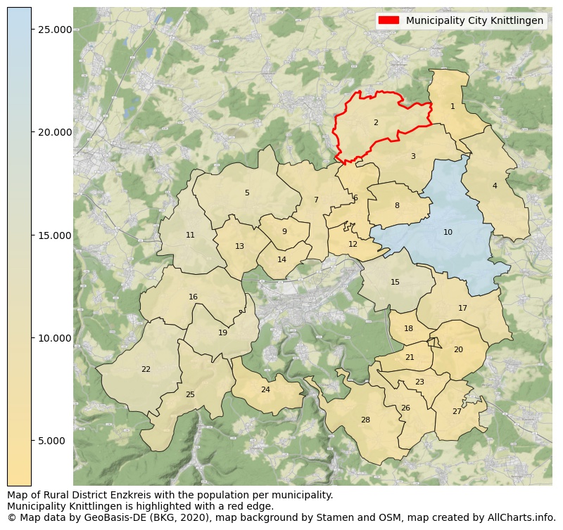 Map of Rural district Enzkreis with the population per municipality.Municipality Knittlingen is highlighted with a red edge.. This page shows a lot of information about residents (such as the distribution by age groups, family composition, gender, native or German with an immigration background, ...), homes (numbers, types, price development, use, type of property, ...) and more (car ownership, energy consumption, ...) based on open data from the German Federal Agency for Cartography, the Federal Statistical Office (DESTATIS), the Regional Statistical Offices and various other sources!