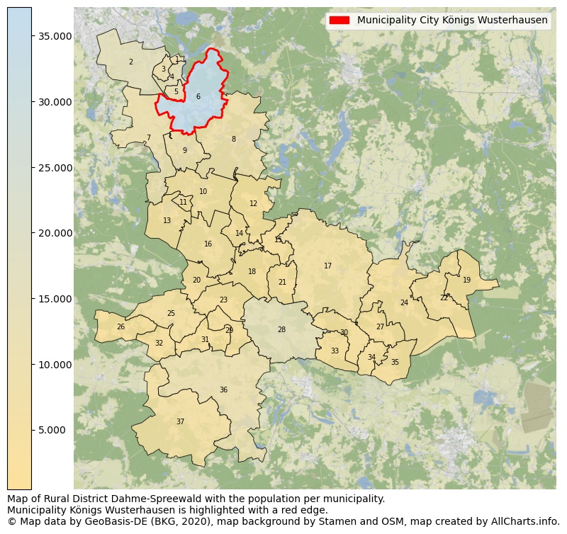 Map of Rural district Dahme-Spreewald with the population per municipality.Municipality Königs Wusterhausen is highlighted with a red edge.. This page shows a lot of information about residents (such as the distribution by age groups, family composition, gender, native or German with an immigration background, ...), homes (numbers, types, price development, use, type of property, ...) and more (car ownership, energy consumption, ...) based on open data from the German Federal Agency for Cartography, the Federal Statistical Office (DESTATIS), the Regional Statistical Offices and various other sources!