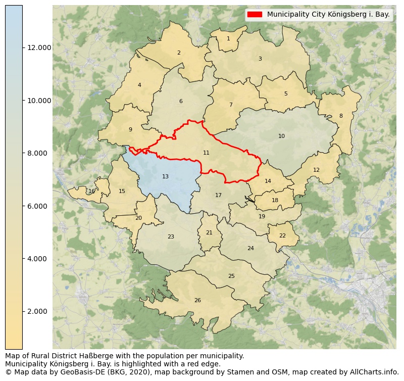 Map of Rural district Haßberge with the population per municipality.Municipality Königsberg i. Bay. is highlighted with a red edge.. This page shows a lot of information about residents (such as the distribution by age groups, family composition, gender, native or German with an immigration background, ...), homes (numbers, types, price development, use, type of property, ...) and more (car ownership, energy consumption, ...) based on open data from the German Federal Agency for Cartography, the Federal Statistical Office (DESTATIS), the Regional Statistical Offices and various other sources!