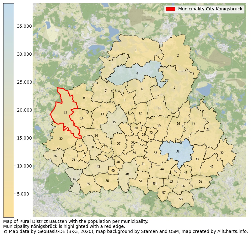 Map of Rural district Bautzen with the population per municipality.Municipality Königsbrück is highlighted with a red edge.. This page shows a lot of information about residents (such as the distribution by age groups, family composition, gender, native or German with an immigration background, ...), homes (numbers, types, price development, use, type of property, ...) and more (car ownership, energy consumption, ...) based on open data from the German Federal Agency for Cartography, the Federal Statistical Office (DESTATIS), the Regional Statistical Offices and various other sources!