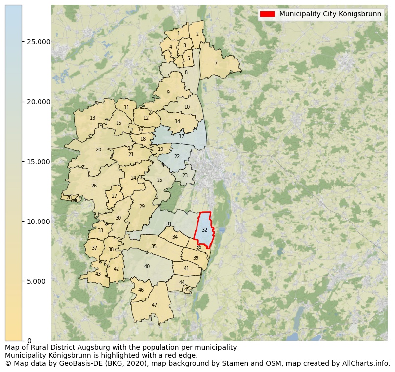 Map of Rural district Augsburg with the population per municipality.Municipality Königsbrunn is highlighted with a red edge.. This page shows a lot of information about residents (such as the distribution by age groups, family composition, gender, native or German with an immigration background, ...), homes (numbers, types, price development, use, type of property, ...) and more (car ownership, energy consumption, ...) based on open data from the German Federal Agency for Cartography, the Federal Statistical Office (DESTATIS), the Regional Statistical Offices and various other sources!