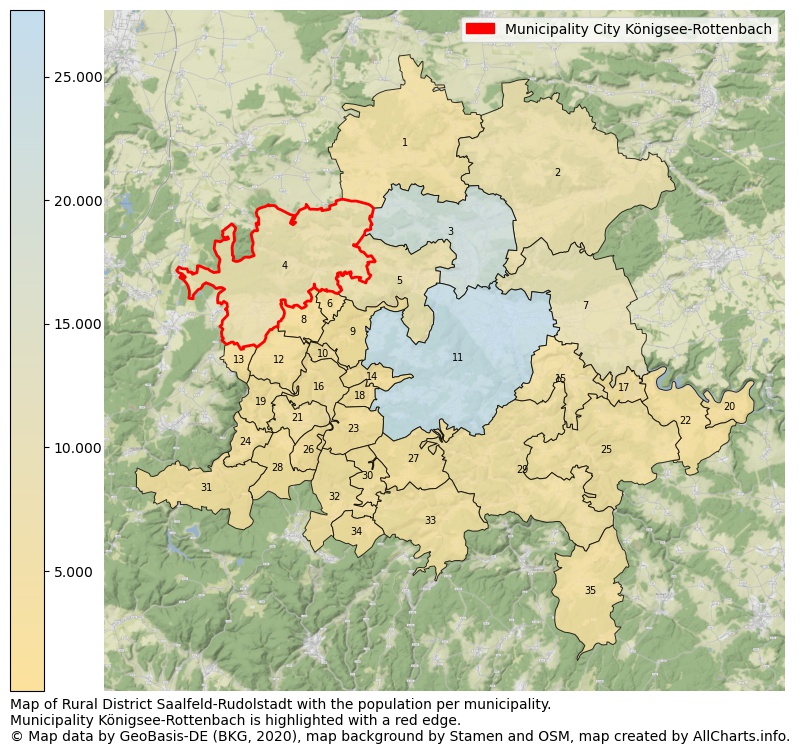 Map of Rural district Saalfeld-Rudolstadt with the population per municipality.Municipality Königsee-Rottenbach is highlighted with a red edge.. This page shows a lot of information about residents (such as the distribution by age groups, family composition, gender, native or German with an immigration background, ...), homes (numbers, types, price development, use, type of property, ...) and more (car ownership, energy consumption, ...) based on open data from the German Federal Agency for Cartography, the Federal Statistical Office (DESTATIS), the Regional Statistical Offices and various other sources!