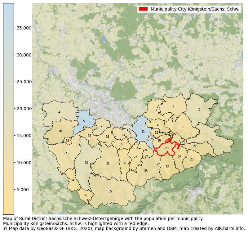 Map of Rural district Sächsische Schweiz-Osterzgebirge with the population per municipality.Municipality Königstein/Sächs. Schw. is highlighted with a red edge.. This page shows a lot of information about residents (such as the distribution by age groups, family composition, gender, native or German with an immigration background, ...), homes (numbers, types, price development, use, type of property, ...) and more (car ownership, energy consumption, ...) based on open data from the German Federal Agency for Cartography, the Federal Statistical Office (DESTATIS), the Regional Statistical Offices and various other sources!