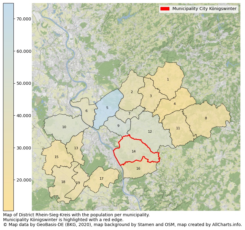 Map of District Rhein-Sieg-Kreis with the population per municipality.Municipality Königswinter is highlighted with a red edge.. This page shows a lot of information about residents (such as the distribution by age groups, family composition, gender, native or German with an immigration background, ...), homes (numbers, types, price development, use, type of property, ...) and more (car ownership, energy consumption, ...) based on open data from the German Federal Agency for Cartography, the Federal Statistical Office (DESTATIS), the Regional Statistical Offices and various other sources!