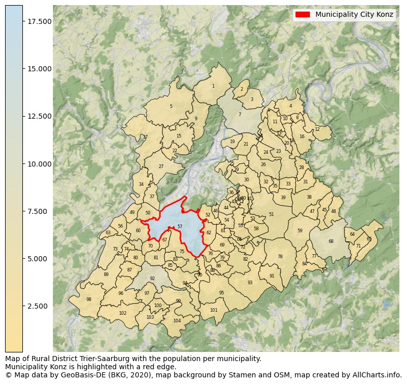 Map of Rural district Trier-Saarburg with the population per municipality.Municipality Konz is highlighted with a red edge.. This page shows a lot of information about residents (such as the distribution by age groups, family composition, gender, native or German with an immigration background, ...), homes (numbers, types, price development, use, type of property, ...) and more (car ownership, energy consumption, ...) based on open data from the German Federal Agency for Cartography, the Federal Statistical Office (DESTATIS), the Regional Statistical Offices and various other sources!