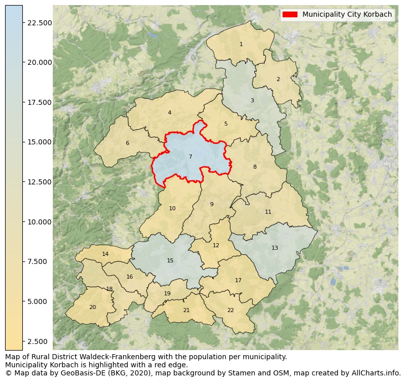 Map of Rural district Waldeck-Frankenberg with the population per municipality.Municipality Korbach is highlighted with a red edge.. This page shows a lot of information about residents (such as the distribution by age groups, family composition, gender, native or German with an immigration background, ...), homes (numbers, types, price development, use, type of property, ...) and more (car ownership, energy consumption, ...) based on open data from the German Federal Agency for Cartography, the Federal Statistical Office (DESTATIS), the Regional Statistical Offices and various other sources!