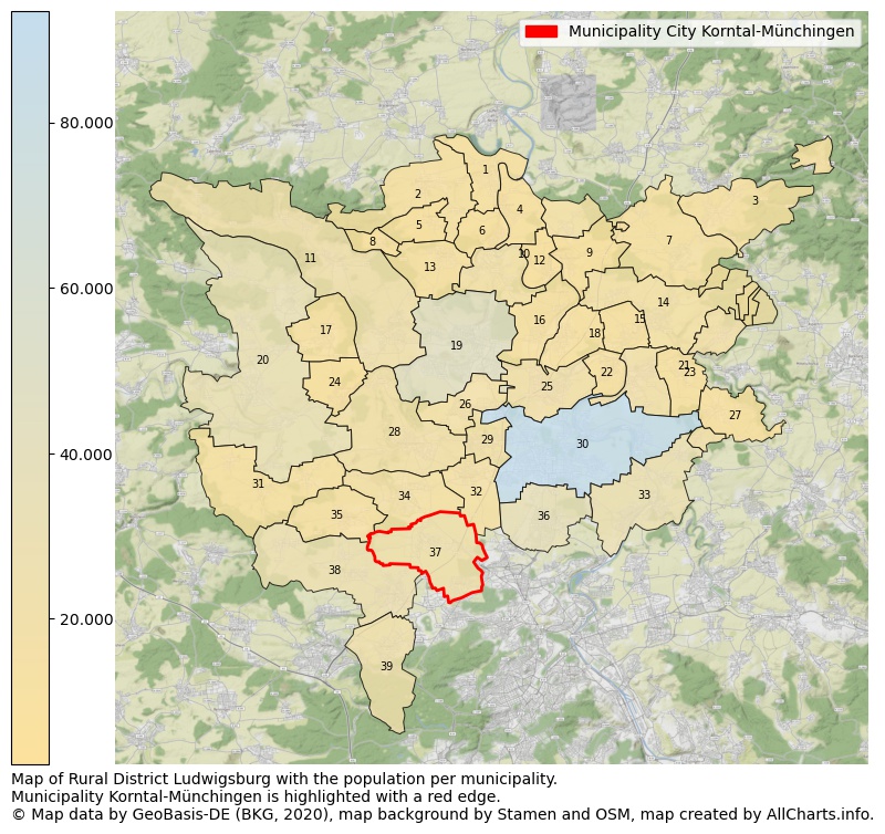Map of Rural district Ludwigsburg with the population per municipality.Municipality Korntal-Münchingen is highlighted with a red edge.. This page shows a lot of information about residents (such as the distribution by age groups, family composition, gender, native or German with an immigration background, ...), homes (numbers, types, price development, use, type of property, ...) and more (car ownership, energy consumption, ...) based on open data from the German Federal Agency for Cartography, the Federal Statistical Office (DESTATIS), the Regional Statistical Offices and various other sources!