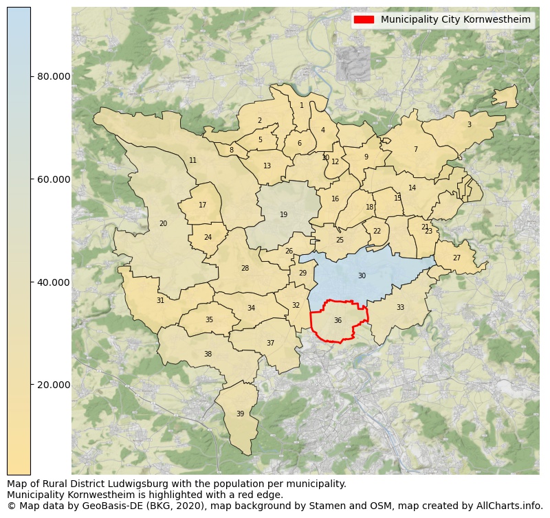 Map of Rural district Ludwigsburg with the population per municipality.Municipality Kornwestheim is highlighted with a red edge.. This page shows a lot of information about residents (such as the distribution by age groups, family composition, gender, native or German with an immigration background, ...), homes (numbers, types, price development, use, type of property, ...) and more (car ownership, energy consumption, ...) based on open data from the German Federal Agency for Cartography, the Federal Statistical Office (DESTATIS), the Regional Statistical Offices and various other sources!