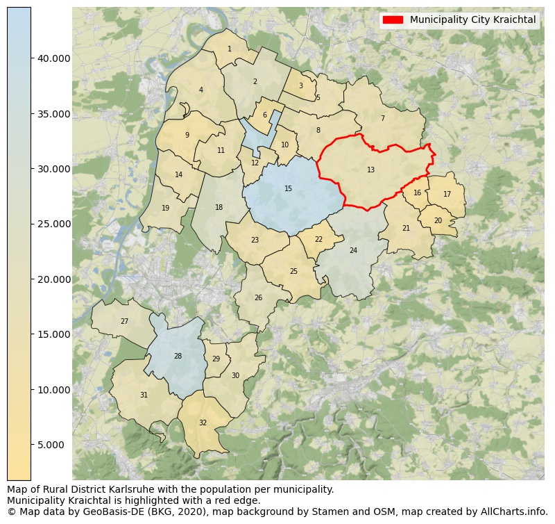 Map of Rural district Karlsruhe with the population per municipality.Municipality Kraichtal is highlighted with a red edge.. This page shows a lot of information about residents (such as the distribution by age groups, family composition, gender, native or German with an immigration background, ...), homes (numbers, types, price development, use, type of property, ...) and more (car ownership, energy consumption, ...) based on open data from the German Federal Agency for Cartography, the Federal Statistical Office (DESTATIS), the Regional Statistical Offices and various other sources!