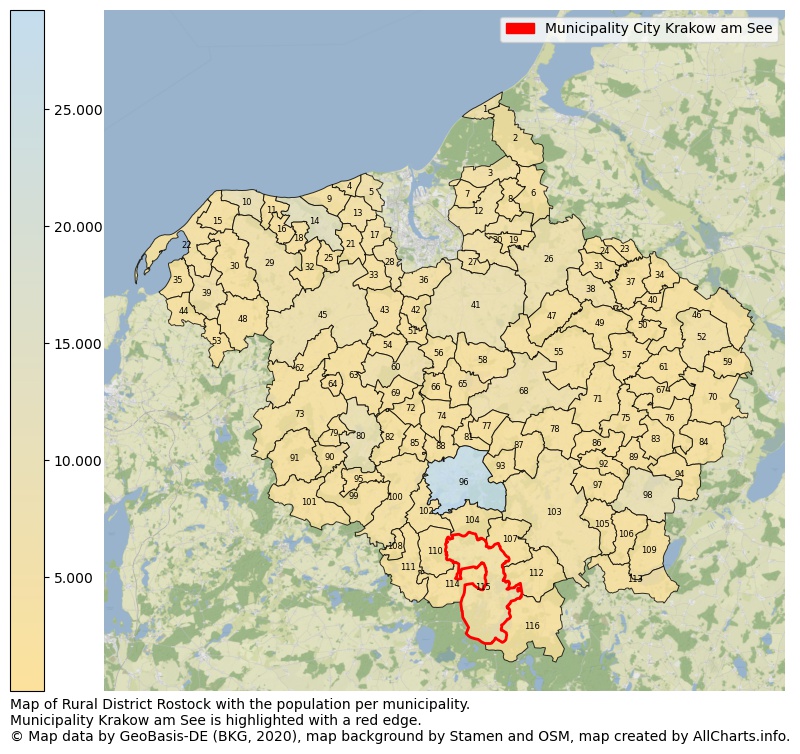 Map of Rural district Rostock with the population per municipality.Municipality Krakow am See is highlighted with a red edge.. This page shows a lot of information about residents (such as the distribution by age groups, family composition, gender, native or German with an immigration background, ...), homes (numbers, types, price development, use, type of property, ...) and more (car ownership, energy consumption, ...) based on open data from the German Federal Agency for Cartography, the Federal Statistical Office (DESTATIS), the Regional Statistical Offices and various other sources!