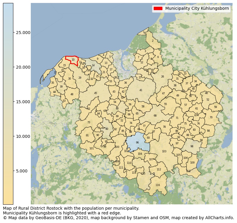 Map of Rural district Rostock with the population per municipality.Municipality Kühlungsborn is highlighted with a red edge.. This page shows a lot of information about residents (such as the distribution by age groups, family composition, gender, native or German with an immigration background, ...), homes (numbers, types, price development, use, type of property, ...) and more (car ownership, energy consumption, ...) based on open data from the German Federal Agency for Cartography, the Federal Statistical Office (DESTATIS), the Regional Statistical Offices and various other sources!