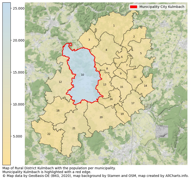 Map of Rural district Kulmbach with the population per municipality.Municipality Kulmbach is highlighted with a red edge.. This page shows a lot of information about residents (such as the distribution by age groups, family composition, gender, native or German with an immigration background, ...), homes (numbers, types, price development, use, type of property, ...) and more (car ownership, energy consumption, ...) based on open data from the German Federal Agency for Cartography, the Federal Statistical Office (DESTATIS), the Regional Statistical Offices and various other sources!