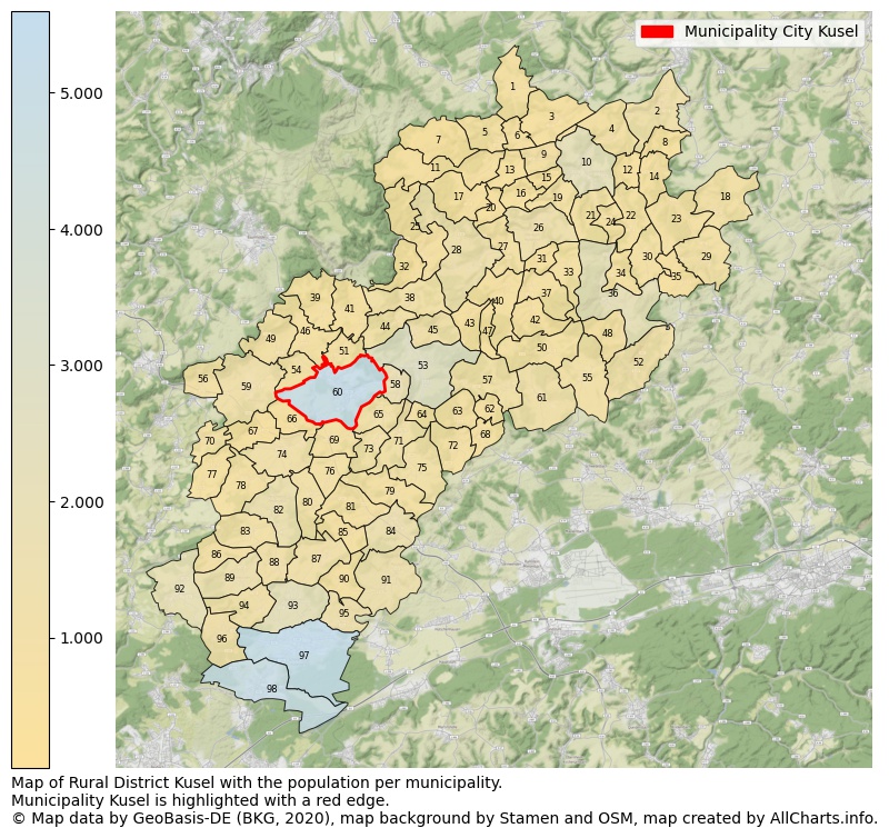 Map of Rural district Kusel with the population per municipality.Municipality Kusel is highlighted with a red edge.. This page shows a lot of information about residents (such as the distribution by age groups, family composition, gender, native or German with an immigration background, ...), homes (numbers, types, price development, use, type of property, ...) and more (car ownership, energy consumption, ...) based on open data from the German Federal Agency for Cartography, the Federal Statistical Office (DESTATIS), the Regional Statistical Offices and various other sources!