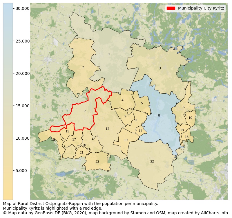 Map of Rural district Ostprignitz-Ruppin with the population per municipality.Municipality Kyritz is highlighted with a red edge.. This page shows a lot of information about residents (such as the distribution by age groups, family composition, gender, native or German with an immigration background, ...), homes (numbers, types, price development, use, type of property, ...) and more (car ownership, energy consumption, ...) based on open data from the German Federal Agency for Cartography, the Federal Statistical Office (DESTATIS), the Regional Statistical Offices and various other sources!