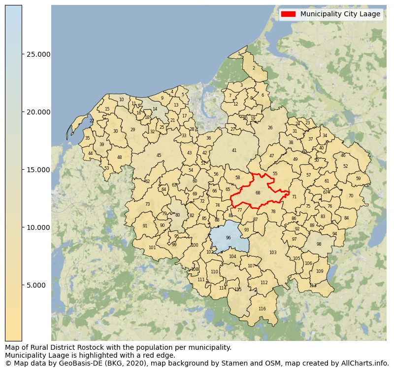 Map of Rural district Rostock with the population per municipality.Municipality Laage is highlighted with a red edge.. This page shows a lot of information about residents (such as the distribution by age groups, family composition, gender, native or German with an immigration background, ...), homes (numbers, types, price development, use, type of property, ...) and more (car ownership, energy consumption, ...) based on open data from the German Federal Agency for Cartography, the Federal Statistical Office (DESTATIS), the Regional Statistical Offices and various other sources!