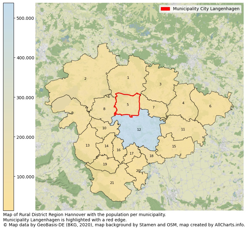 Map of Rural district Region Hannover with the population per municipality.Municipality Langenhagen is highlighted with a red edge.. This page shows a lot of information about residents (such as the distribution by age groups, family composition, gender, native or German with an immigration background, ...), homes (numbers, types, price development, use, type of property, ...) and more (car ownership, energy consumption, ...) based on open data from the German Federal Agency for Cartography, the Federal Statistical Office (DESTATIS), the Regional Statistical Offices and various other sources!