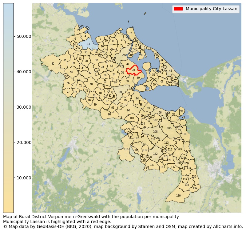 Map of Rural district Vorpommern-Greifswald with the population per municipality.Municipality Lassan is highlighted with a red edge.. This page shows a lot of information about residents (such as the distribution by age groups, family composition, gender, native or German with an immigration background, ...), homes (numbers, types, price development, use, type of property, ...) and more (car ownership, energy consumption, ...) based on open data from the German Federal Agency for Cartography, the Federal Statistical Office (DESTATIS), the Regional Statistical Offices and various other sources!